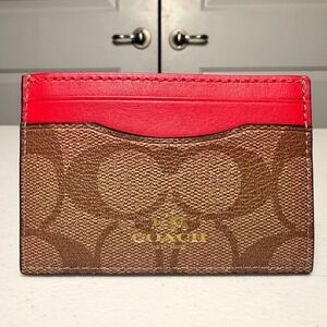 Coach Signature Card Case Slim Wallet Canvas Red Leather Trim Brown Gold Logo